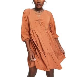 Mango Teracotta Orange V‎ Neck Poplin Smock Dress